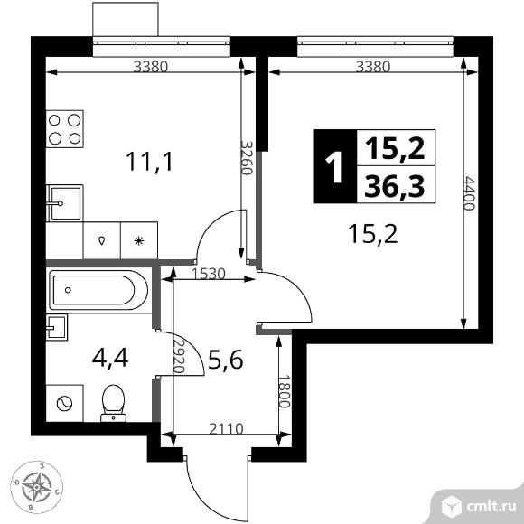 1-комнатная квартира 36,3 кв.м. Фото 1.