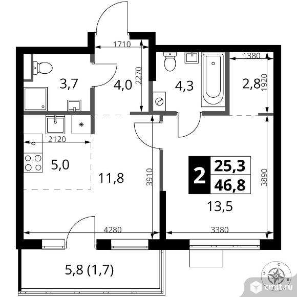 2-комнатная квартира 46,8 кв.м. Фото 1.
