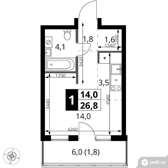 1-комнатная квартира 26,8 кв.м - ЖК "1-й Ясеневский". Фото 1.