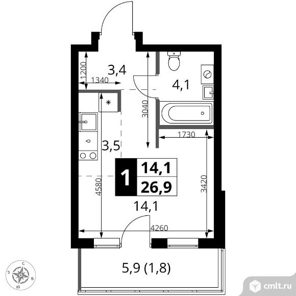 1-комнатная квартира 26,9 кв.м - ЖК "1-й Ясеневский". Фото 1.