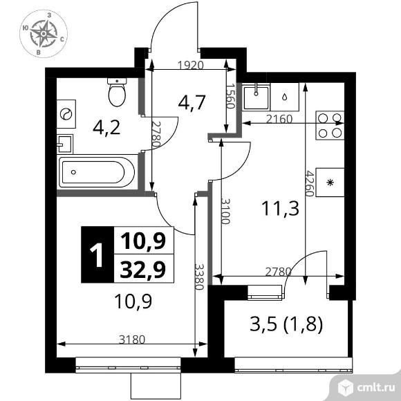 1-комнатная квартира 32,9 кв.м - ЖК "1-й Ясеневский". Фото 1.
