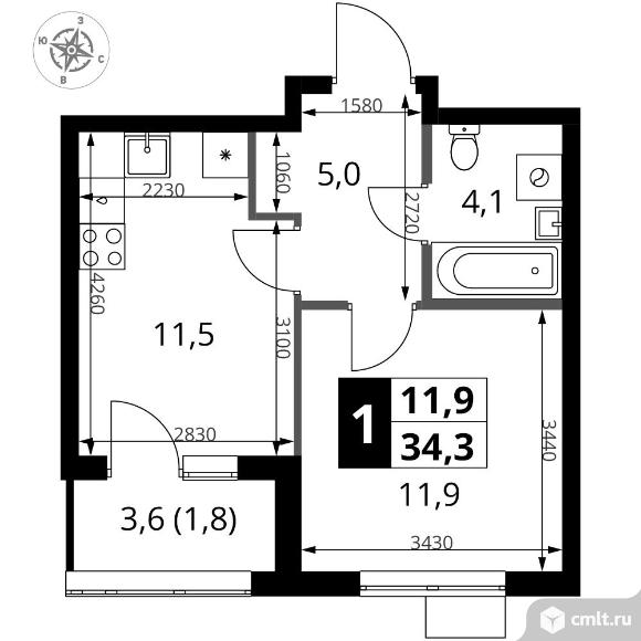 1-комнатная квартира 34,3 кв.м