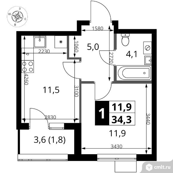 1-комнатная квартира 34,3 кв.м. Фото 1.