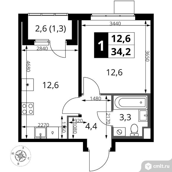 1-комнатная квартира 34,2 кв.м - ЖК "1-й Ясеневский". Фото 1.