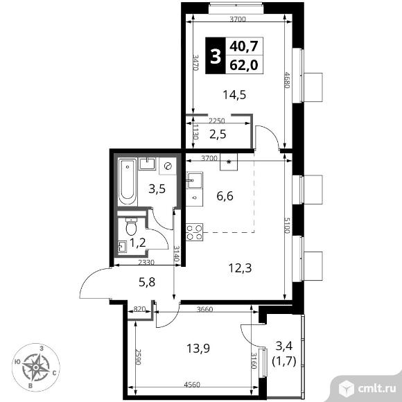 3-комнатная квартира 62 кв.м - ЖК "1-й Ясеневский". Фото 1.