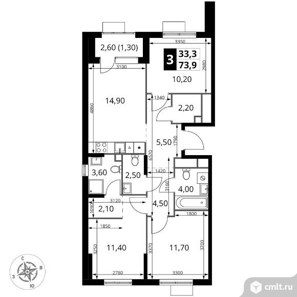 3-комнатная квартира 74,1 кв.м - ЖК "1-й Химкинский". Фото 1.