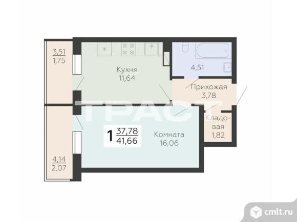 1-комнатная квартира 41,66 кв.м. Фото 1.