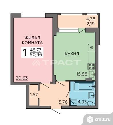 1-комнатная квартира 50,96 кв.м. Фото 3.