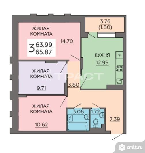 3-комнатная квартира 65,87 кв.м. Фото 1.
