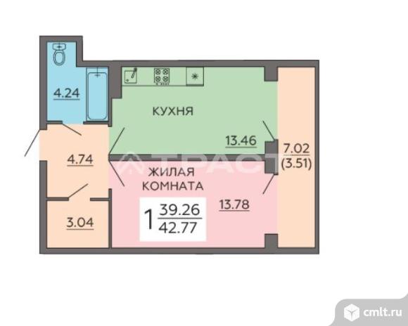 1-комнатная квартира 42,77 кв.м. Фото 1.