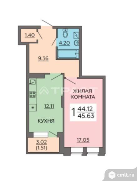 1-комнатная квартира 45,63 кв.м. Фото 1.