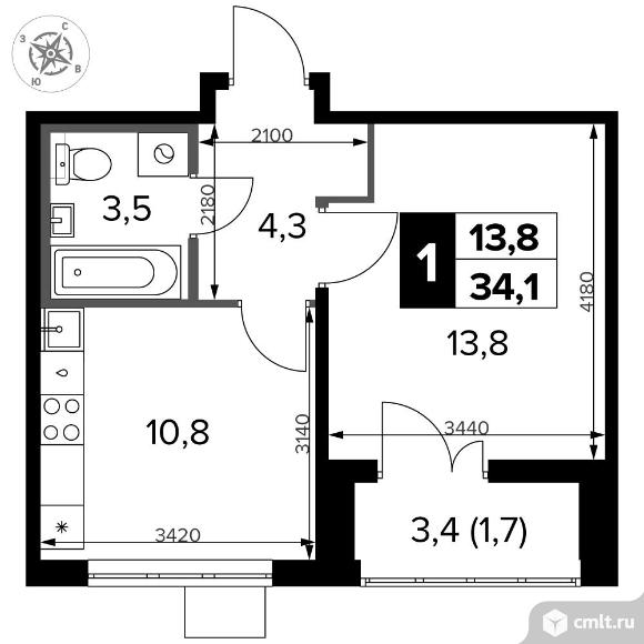 1-комнатная квартира 34,1 кв.м - ЖК "1-й Донской". Фото 1.