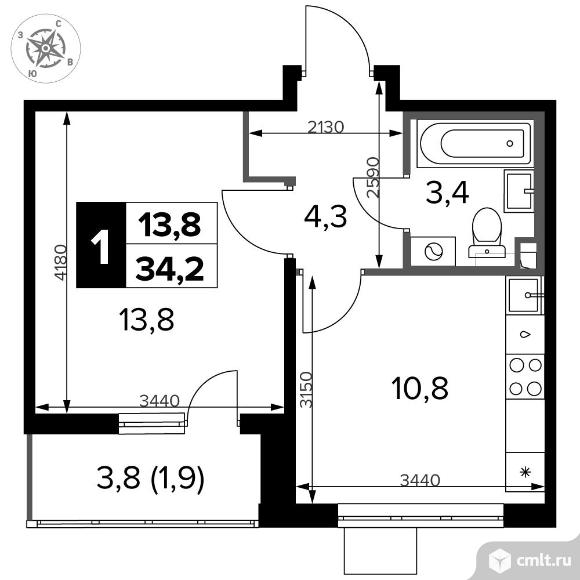1-комнатная квартира 34,2 кв.м - ЖК "1-й Донской". Фото 1.