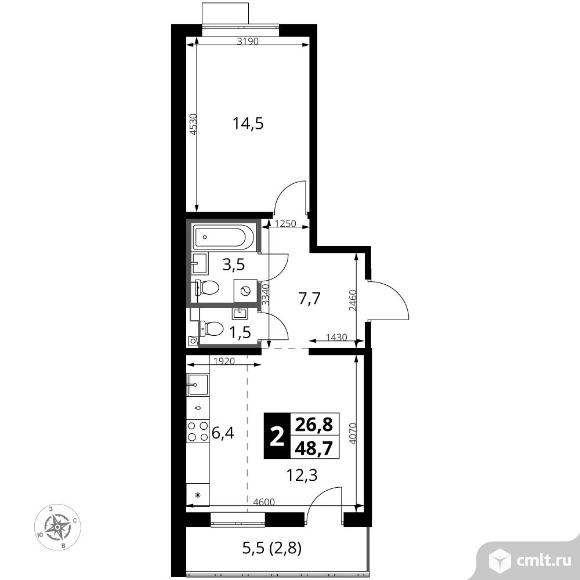2-комнатная квартира 48,7 кв.м - ЖК "1-й Южный". Фото 1.