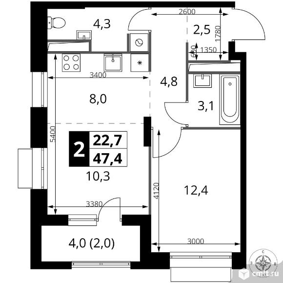 2-комнатная квартира 47,4 кв.м - ЖК "1-й Саларьевский". Фото 1.