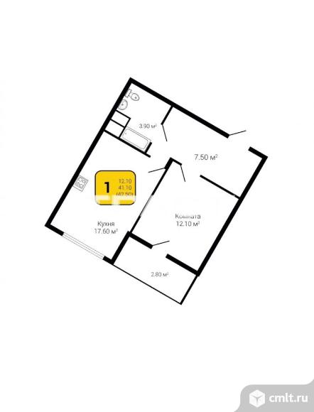 1-комнатная квартира 42,5 кв.м. Фото 11.