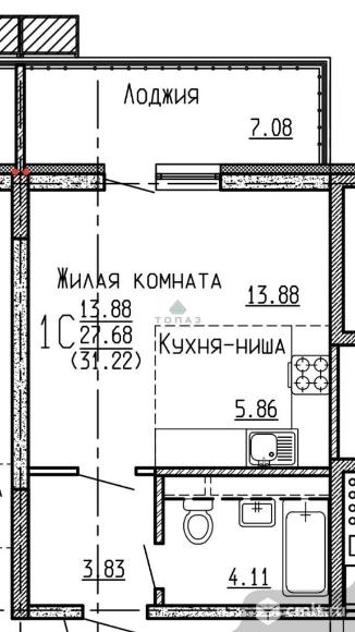 1-комнатная квартира 31,22 кв.м. Фото 1.