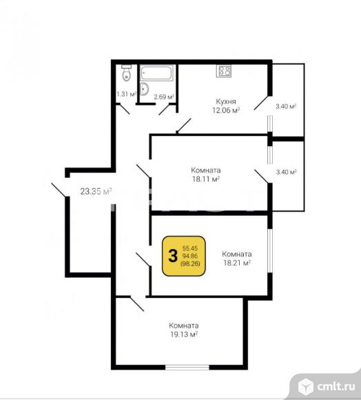 3-комнатная квартира 98,26 кв.м. Фото 1.