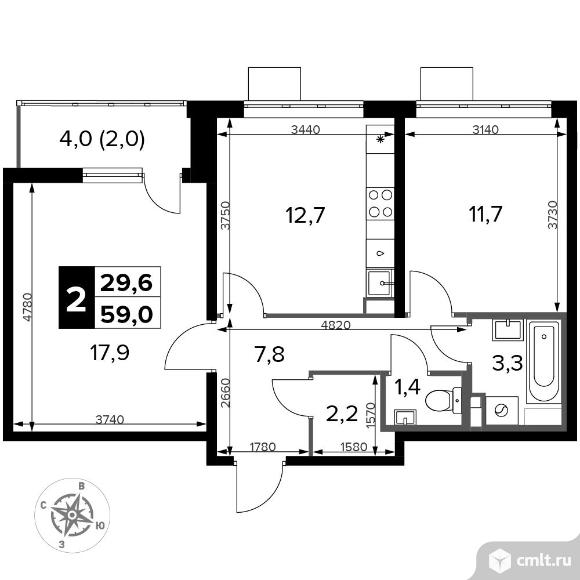 2-комнатная квартира 59 кв.м - ЖК "1-й Донской". Фото 1.