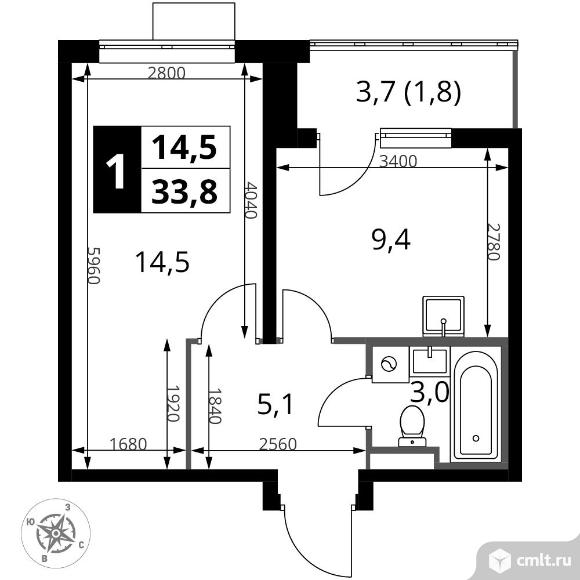 1-комнатная квартира 33,8 кв.м - ЖК "1-й Донской". Фото 1.