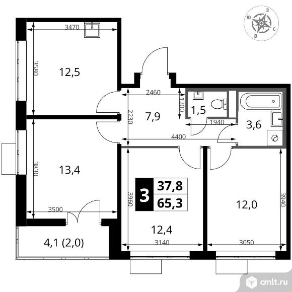 3-комнатная квартира 65,3 кв.м - ЖК "1-й Донской". Фото 1.