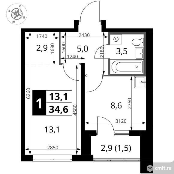 1-комнатная квартира 34,6 кв.м - ЖК "1-й Донской". Фото 1.