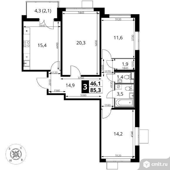 3-комнатная квартира 85,3 кв.м - ЖК "1-й Шереметьевский". Фото 1.