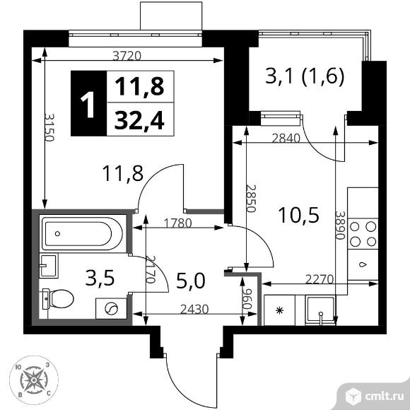 1-комнатная квартира 32,4 кв.м - ЖК "1-й Шереметьевский". Фото 1.