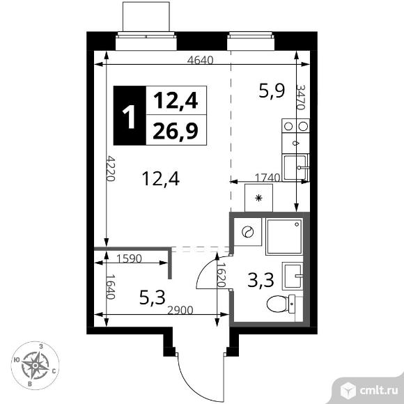 1-комнатная квартира 26,9 кв.м. Фото 1.