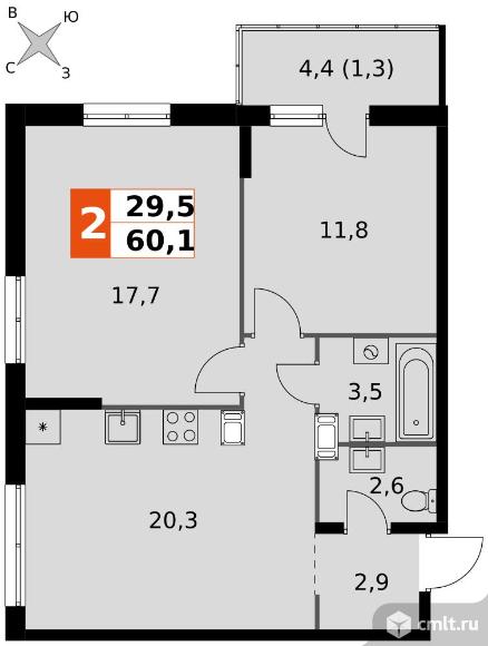 2-комнатная квартира 60,1 кв.м - ЖК «Олимп». Фото 1.