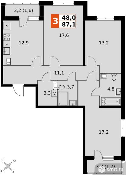 3-комнатная квартира 87,1 кв.м - ЖК «Олимп». Фото 1.