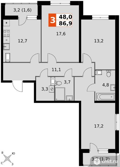 3-комнатная квартира 86,9 кв.м - ЖК «Олимп». Фото 1.
