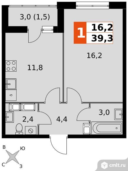 1-комнатная квартира 39,3 кв.м - ЖК «Олимп». Фото 1.