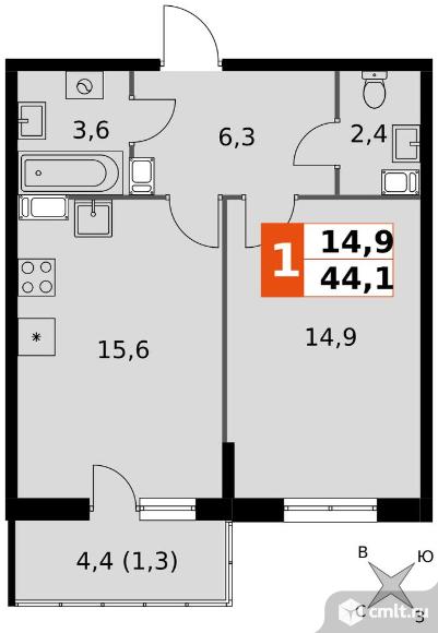 1-комнатная квартира 44,1 кв.м - ЖК «Олимп». Фото 1.