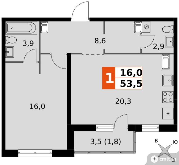 1-комнатная квартира 53,5 кв.м - ЖК «Олимп». Фото 1.