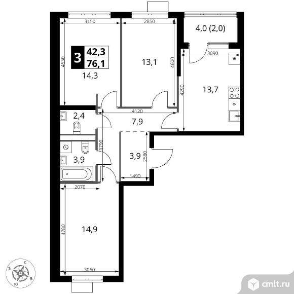 3-комнатная квартира 76,1 кв.м - ЖК "1-й Ясеневский". Фото 1.