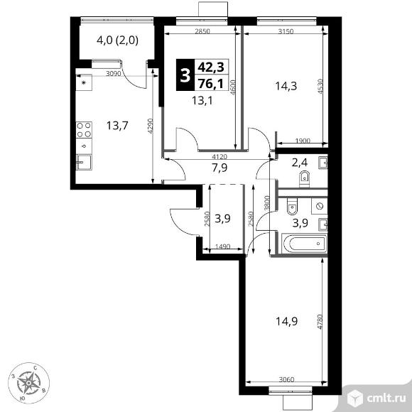 3-комнатная квартира 76,1 кв.м - ЖК "1-й Ясеневский". Фото 1.