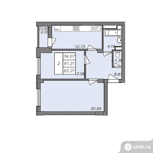 2-комнатная квартира 61,21 кв.м. Фото 1.