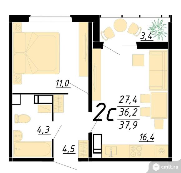 2-комнатная квартира 37,9 кв.м. Фото 4.