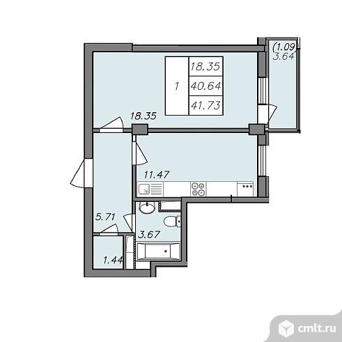 1-комнатная квартира 41,73 кв.м. Фото 1.