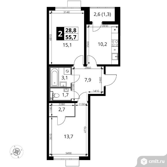 2-комнатная квартира 55,7 кв.м - ЖК "1-й Южный". Фото 1.