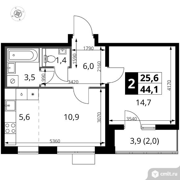 2-комнатная квартира 44,1 кв.м - ЖК "1-й Южный". Фото 1.