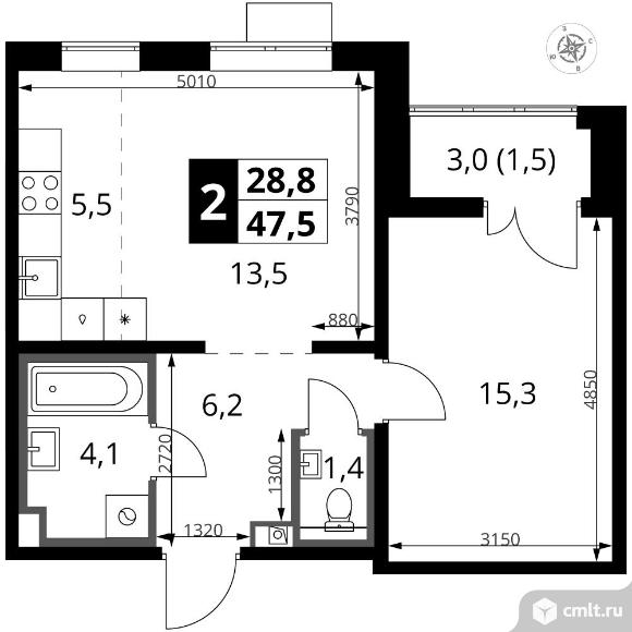 2-комнатная квартира 47,5 кв.м - ЖК "1-й Южный". Фото 1.