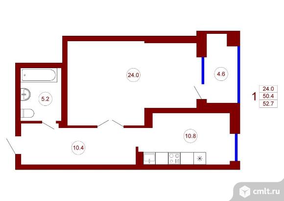 1-комнатная квартира 52,3 кв.м. Фото 1.