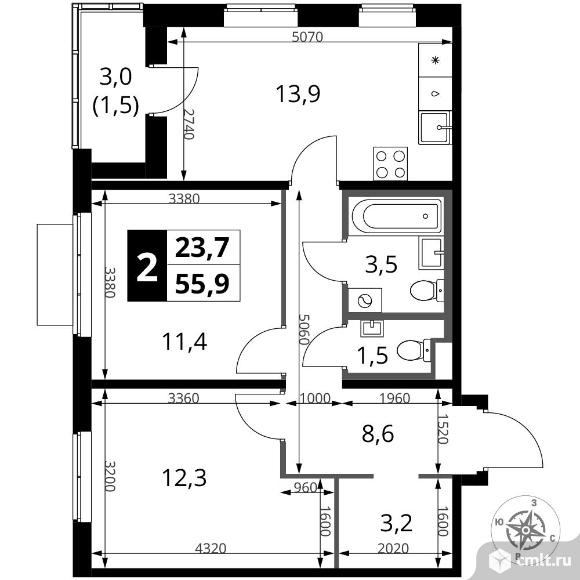 2-комнатная квартира 55,9 кв.м. Фото 1.