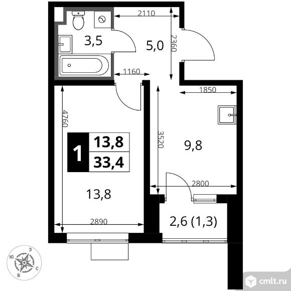 1-комнатная квартира 33,4 кв.м - ЖК "1-й Донской". Фото 1.