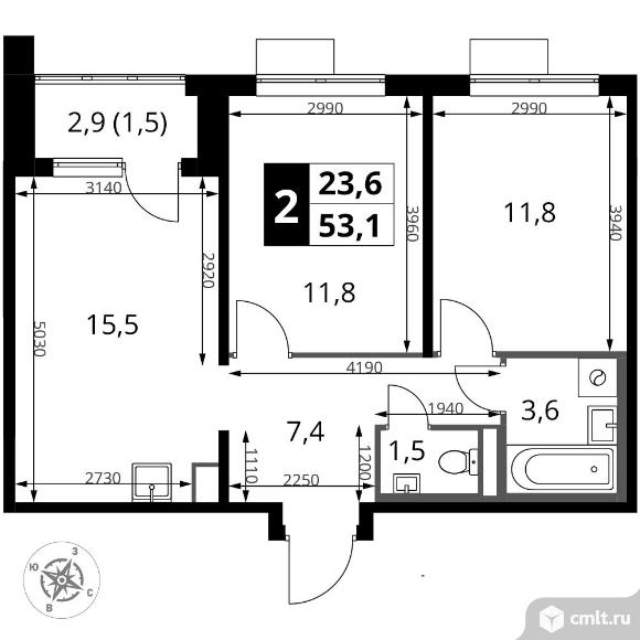 2-комнатная квартира 53,1 кв.м - ЖК "1-й Донской". Фото 1.