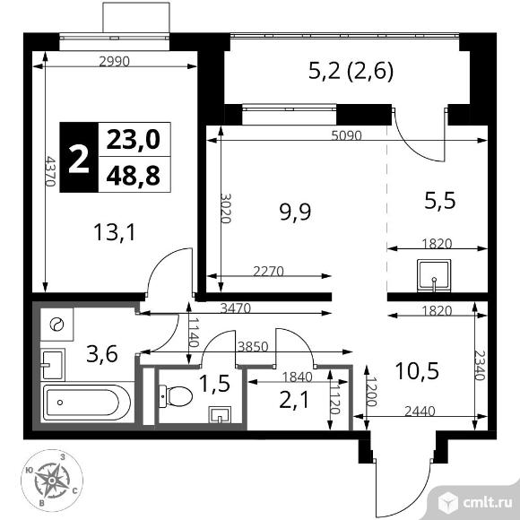 2-комнатная квартира 48,8 кв.м - ЖК "1-й Донской". Фото 1.