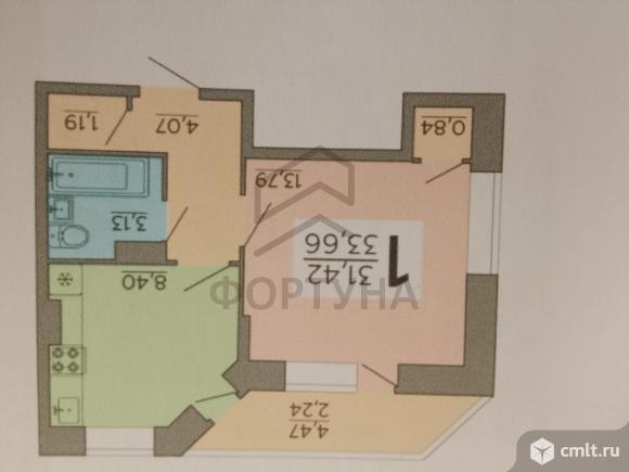 1-комнатная квартира 33,98 кв.м. Фото 1.