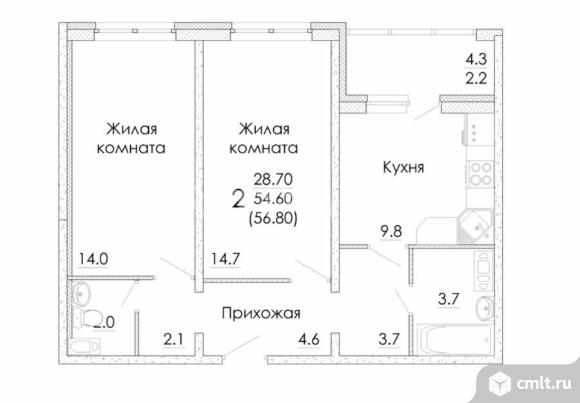 2-комнатная квартира 56,8 кв.м. Фото 20.
